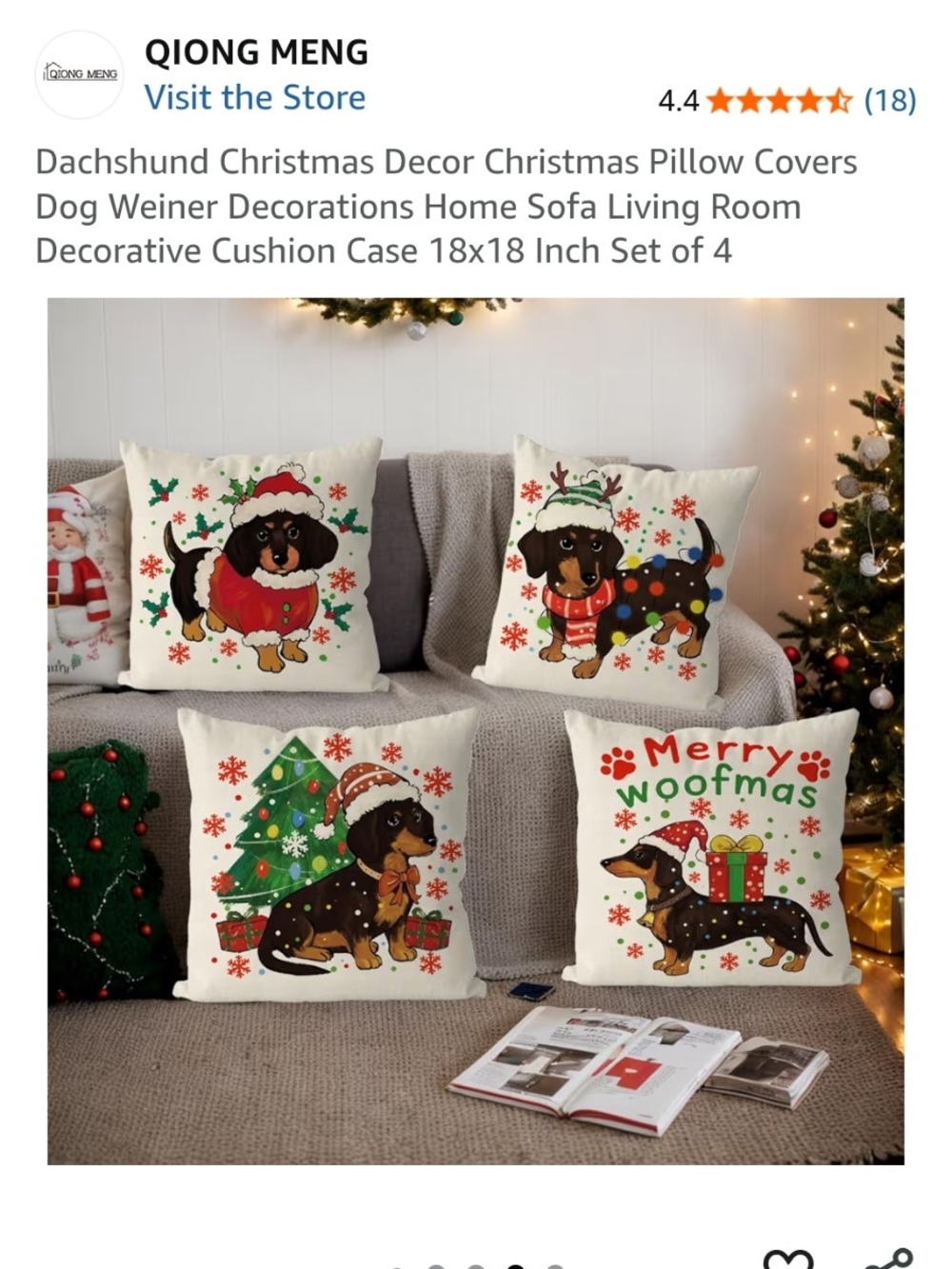 Qiong Meng Merry Woofmas Dachshund Christmas Pillow Covers - Set of 4, White